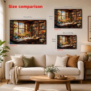 May include: Three framed jigsaw puzzles of a library scene with open books, flowers, and bookshelves. The largest puzzle is 75 inches wide and 50 inches tall. The other two puzzles are 52 inches by 38 inches and 35 cm by 25 cm.