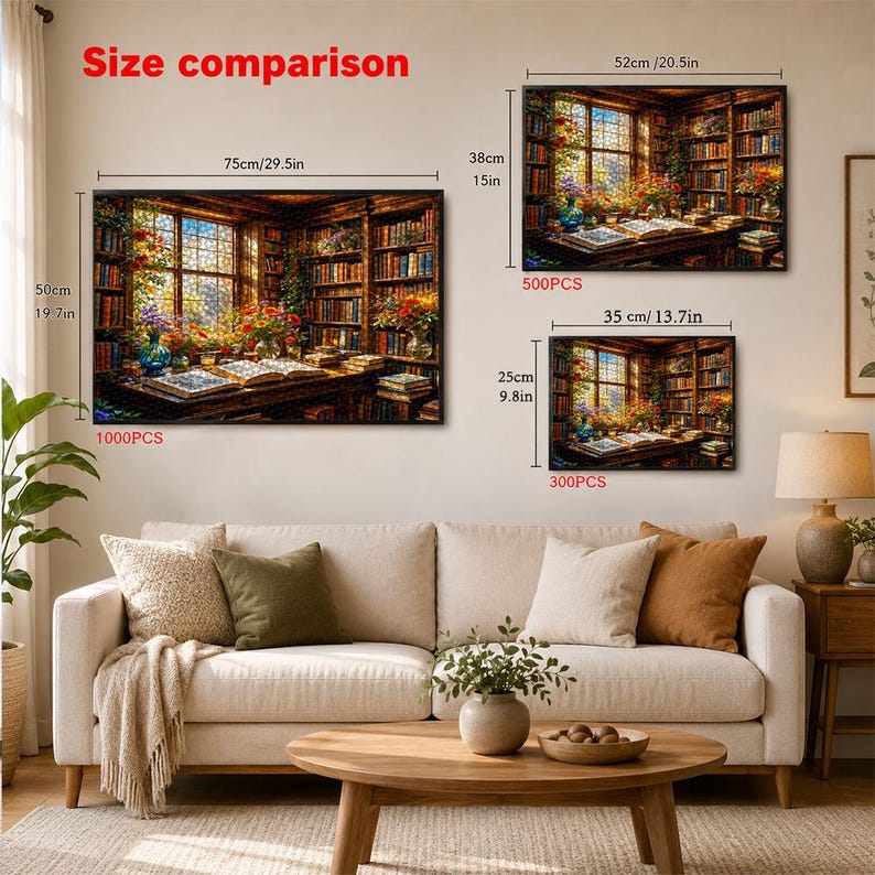May include: Three framed jigsaw puzzles of a library scene with open books, flowers, and bookshelves. The largest puzzle is 75 inches wide and 50 inches tall. The other two puzzles are 52 inches by 38 inches and 35 cm by 25 cm.
