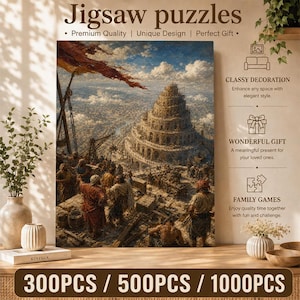 May include: A jigsaw puzzle featuring a detailed artistic depiction of the Tower of Babel under construction, with workers in the foreground, a large red flag, and a sprawling landscape. The text reads Jigsaw puzzles, 300PCS, 500PCS, 1000PCS.
