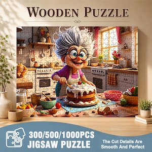 May include: A wooden jigsaw puzzle featuring a cartoon illustration of a smiling elderly woman decorating a cake in a kitchen. The puzzle includes text that reads "Wooden Puzzle" and "300/500/1000PCS JIGSAW PUZZLE". The cut details are smooth and perfect.