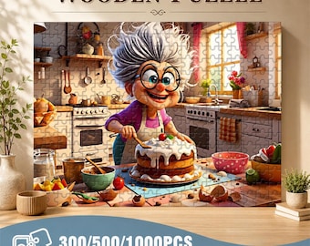 Whimsical Grandma Baking Cake Jigsaw Puzzle (300/500/1000pcs)Cake Baking Puzzle, Kitchen Decor, Baking Illustration, Gift for Bakers