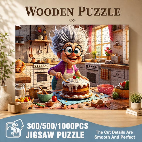 Whimsical Grandma Baking Cake Jigsaw Puzzle (300/500/1000pcs)Cake Baking Puzzle, Kitchen Decor, Baking Illustration, Gift for Bakers