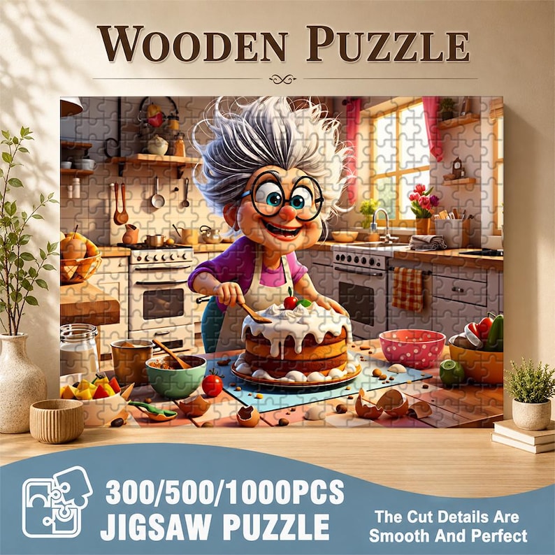 May include: A wooden jigsaw puzzle featuring a cartoon illustration of a smiling elderly woman decorating a cake in a kitchen. The puzzle includes text that reads "Wooden Puzzle" and "300/500/1000PCS JIGSAW PUZZLE". The cut details are smooth and perfect.