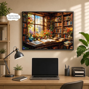 May include: A framed artwork depicts a cozy library scene with a window overlooking a vibrant garden. Bookshelves line the walls, and open books rest on a wooden desk. Colorful flowers and vases add a touch of brightness to the room.