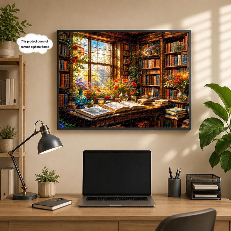 May include: A framed artwork depicts a cozy library scene with a window overlooking a vibrant garden. Bookshelves line the walls, and open books rest on a wooden desk. Colorful flowers and vases add a touch of brightness to the room.