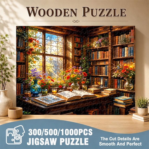 Cozy Book Nook with Flowers Jigsaw Puzzle (300/500/1000pcs)Book Nook Puzzle, Reading Room Decor, Floral Puzzle Gift for Book Lovers