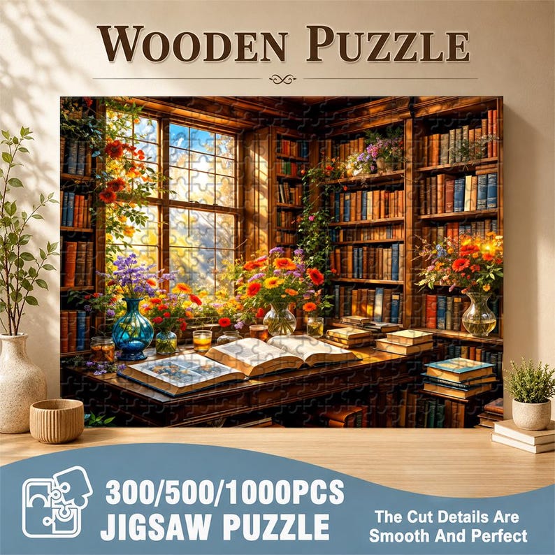 May include: A wooden jigsaw puzzle featuring a detailed illustration of a library with bookshelves, open books, and floral arrangements. The puzzle includes the text "WOODEN PUZZLE" and "300/500/1000PCS JIGSAW PUZZLE". The cut details are smooth and perfect.