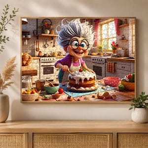 May include: A jigsaw puzzle featuring a cartoon image of a smiling elderly woman in a kitchen. She is wearing glasses and an apron, decorating a layered cake with a cherry on top. The kitchen is filled with cooking utensils and ingredients.