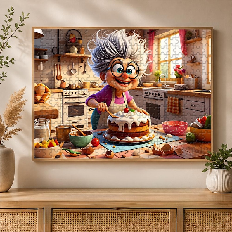 May include: A jigsaw puzzle featuring a cartoon image of a smiling elderly woman in a kitchen. She is wearing glasses and an apron, decorating a layered cake with a cherry on top. The kitchen is filled with cooking utensils and ingredients.