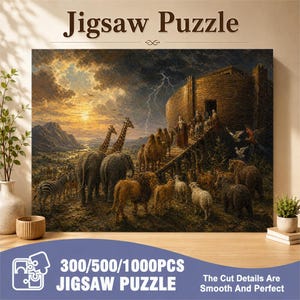 Può includere: Un puzzle rettangolare che presenta un'illustrazione dettagliata dell'Arca di Noè con vari animali, tra cui giraffe, elefanti e leoni, che camminano verso una grande struttura in legno sotto un cielo tempestoso con fulmini e un tramonto.