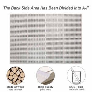 May include: A white grid pattern with text that reads "The Back Side Area Has Been Divided Into A-F." The image also includes illustrations of wood, paper, and a beaker, with text indicating the materials used are non-toxic.