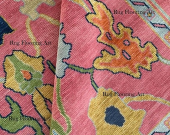 8x10 Pink Turkish Oushak Rug – Hand Knotted Wool Floral Area Carpet, Vintage Oriental Pastel Large Rug for Living Room, pink blue oushak rug