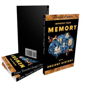 May include: A book titled "Improve Your Memory with Ancient History" by Alexeyev K. Zurga. The cover features a black background with gold accents and a blue brain illustration. The book is published by Time Traveler Zurga's Press.