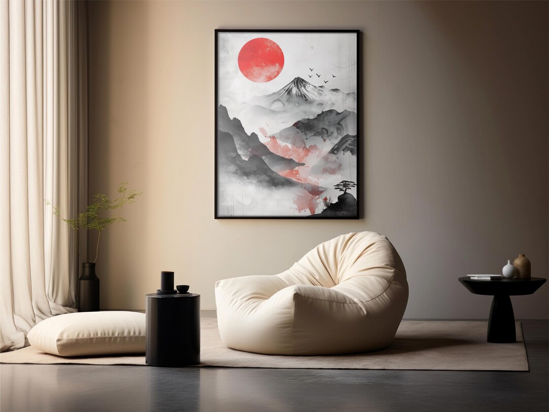 Japanese Zen Landscape Wall Art – Red Sun and Mountains Minimalist ...