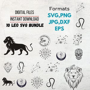 Lion Svg Bundle 10 Leo Zodiac SVG Designs for Cricut and Silhouette | Leo Vibes Horoscope Symbols, Astrology Clipart,  & Lion Art svg bundle