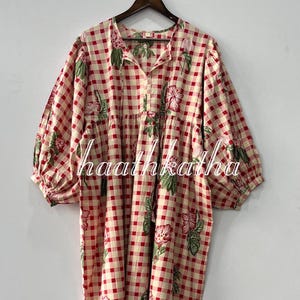 Handmade Cotton Gingham Floral Dress | Red Checkered Puff Sleeve Midi | Vintage Style Loose Fit Summer Outfit