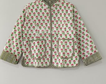 Handmade Reversible Quilted Jacket, Floral Block Print Cotton Boho Coat