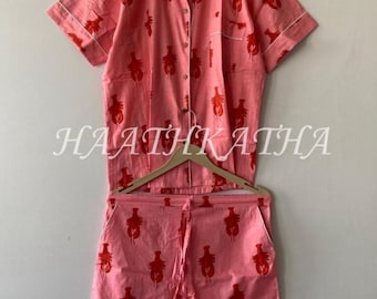 Pink Lobster Print Cotton Pajama Set – Hand Block Printed Loungewear