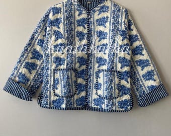 Floral Print Quilted Cotton Jacket: Reversible Indian Block Print Coat
