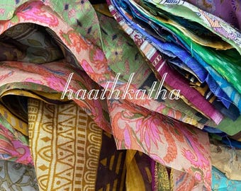 Vintage Silk Sari Scrap Bundle – 100% Pure Silk Fabric Patches by Weight, Quilting, Patchwork, Craft Supplies