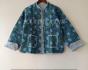 Handgjord bomullsquiltad jacka, blommig kimono, damkappa