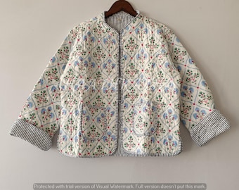 Chaqueta acolchada de algodón con estampado de bloques: abrigo reversible floral bohemio