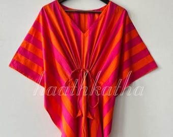 Striped Kaftan Dress | Oversized Cotton Caftan | Boho Resort Wear | Women's Loose Fit Midi Dress | Summer Beach Cover Up