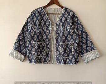 Reversible Block Print Quilted Jacket: Indian Patola Cotton Coat