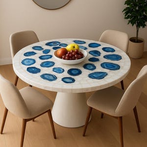 Luxury White Quartz and Blue Agate Dining Table | Handmade Natural Stone Table with Polished Finish – Elegant Modern Furniture Dining Room