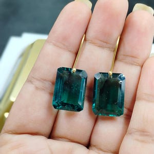 14K Gold Rectangle Paraiba Tourmaline Drop Earrings, Blue Tourmaline Drop Earrings, Tourmaline Jewelry Gift For Her.