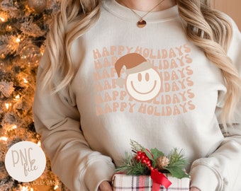 Happy Holidays Smiley Face Santa Hat PNG, Smiley Face png, Cricut PNG Sublimation, Christmas, PNG cut file, Smiley Face Retro Png, retroPNG