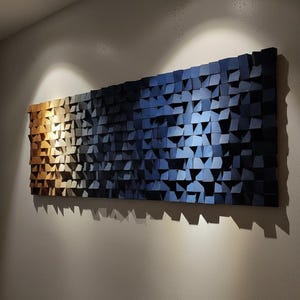 幾何学的な木製ウォールアート、ブラウンブルーのモザイク彫刻