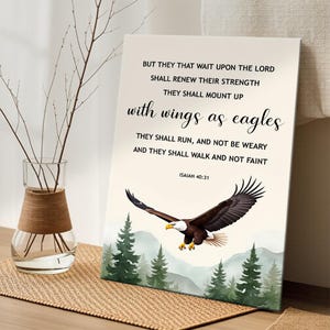 May include: A canvas print featuring an eagle soaring over a mountain scene. The text reads "But they that wait upon the Lord shall renew their strength, they shall mount up with wings as eagles." Isaiah 40:31 is also printed on the canvas.