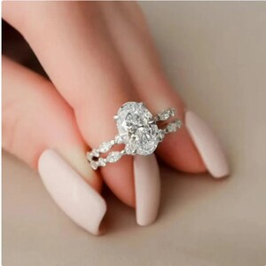Oval Moissanite marquise round pave Engagement Ringset-2.0Ct oval halo moissanite Wedding ring set-14k white gold Anniversary Ring set