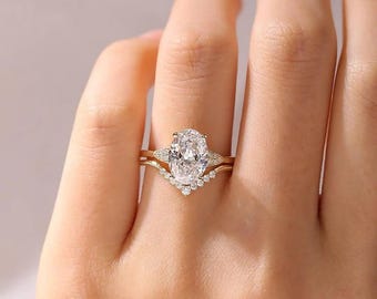 Conjunto de anillo de boda con moissanita de 3 quilates de talla ovalada, conjunto de anillo de compromiso con moissanita, conjunto nupcial vintage, alianzas a juego estilo art déco, anillo de oro de 14k/18k