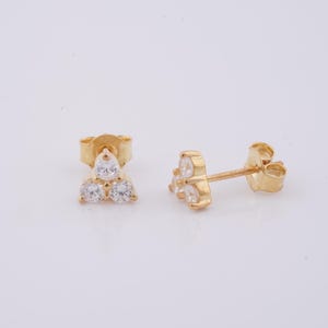 3 Stone Moissanite Dainty Stud Earring, Round Cut Diamond Women's Stud, 14K Gold Plated Tiny Studs, Handmade Push Back Stud Earring For Girl