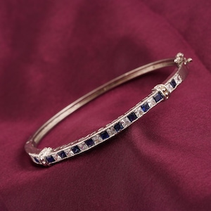 Crystal Blue Sapphire Bangle Bracelet, Princess Cut Gemstone Women&#39;s Bracelet, 14K White Gold Plated Handmade Bangle Bracelet, Gift For Her