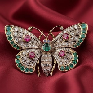 May include: A gold-toned butterfly brooch with intricate detailing. The wings are adorned with clear and emerald-green gemstones, and the body features a central emerald and ruby accents. The brooch is set against a red background.