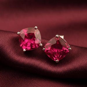 Brinco de pino com rubi rosa almofada, pedra preciosa, brinco quadrado minimalista feminino, brincos de pino de prata esterlina 925 para ela