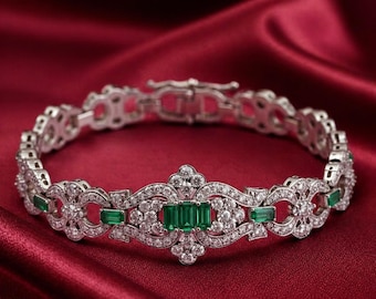 Pulsera Art Déco de esmeraldas verdes de 12,50 quilates, pulsera de diamantes de circonita cúbica, chapada en oro blanco de 14 quilates, joyería de boda de plata de ley 925, regalo para ella.