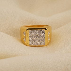 Moissanite Gold Ring, Round Shape Diamond Men&#39;s Ring, 14K Gold Plated Handmade Engagement Ring, 925 Sterling Silver Statement Ring For Him