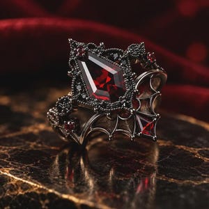 May include: A dark metal ring featuring a large, coffin-shaped deep red gemstone at the center. The setting is adorned with small black stones and smaller red accent stones, with intricate wing-like metalwork extending along the sides.