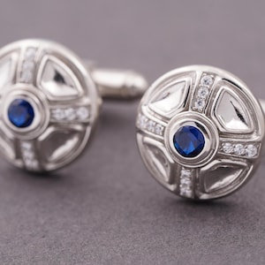 Blue Sapphire Cufflink, Handmade Diamond Cufflink For Men, 14K White Gold Plated 925 Sterling Silver Cufflinks, Suit Cufflinks, Gift For Him