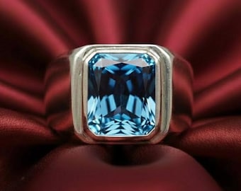 天然ブルートパーズ メンズリング：エメラルドカット スターリング