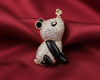 1.50Ct Round Cut Moissanite Panda Brooch Pin, 14K Yellow Gold Plated Handmade Sterling Silver, Cute Animal Charm Brooch For Women
