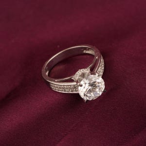 Moissanite Solitaire Ring, 14k White Gold Plated Women&#39;s Ring, Handmade Round Diamond Accent Ring, 925 Sterling Silver Proposal Ring For Her
