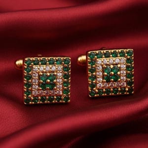 Emerald Men's Cufflink, 14K Yellow Gold Plated, Handmade May Birthstone Jewelry, 925 Sterling Silver