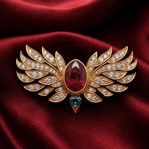 2.25Ct Pear-Cut Blood Red Ruby Wing Brooch, CZ Angel Wings Pin, 14K Yellow Gold Plated, 925 Sterling Silver Statement Jewelry Gift