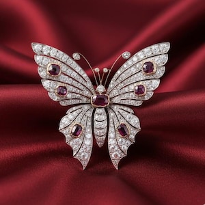 Puede incluir: Broche de mariposa con un diseño detallado. El broche presenta un engaste de metal plateado, adornado con numerosas piedras preciosas pequeñas y transparentes y varias piedras preciosas rojas oscuras, de forma ovalada. El broche está sobre un fondo de satén rojo oscuro.