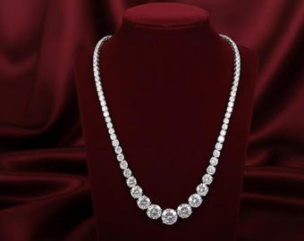 Runder Moissanit-Tennis-Halskette, 925er Sterlingsilber-Halskette, 14K Weißgold überzogener Brautschmuck, Luxus-Statement-Geschenk für Frauen